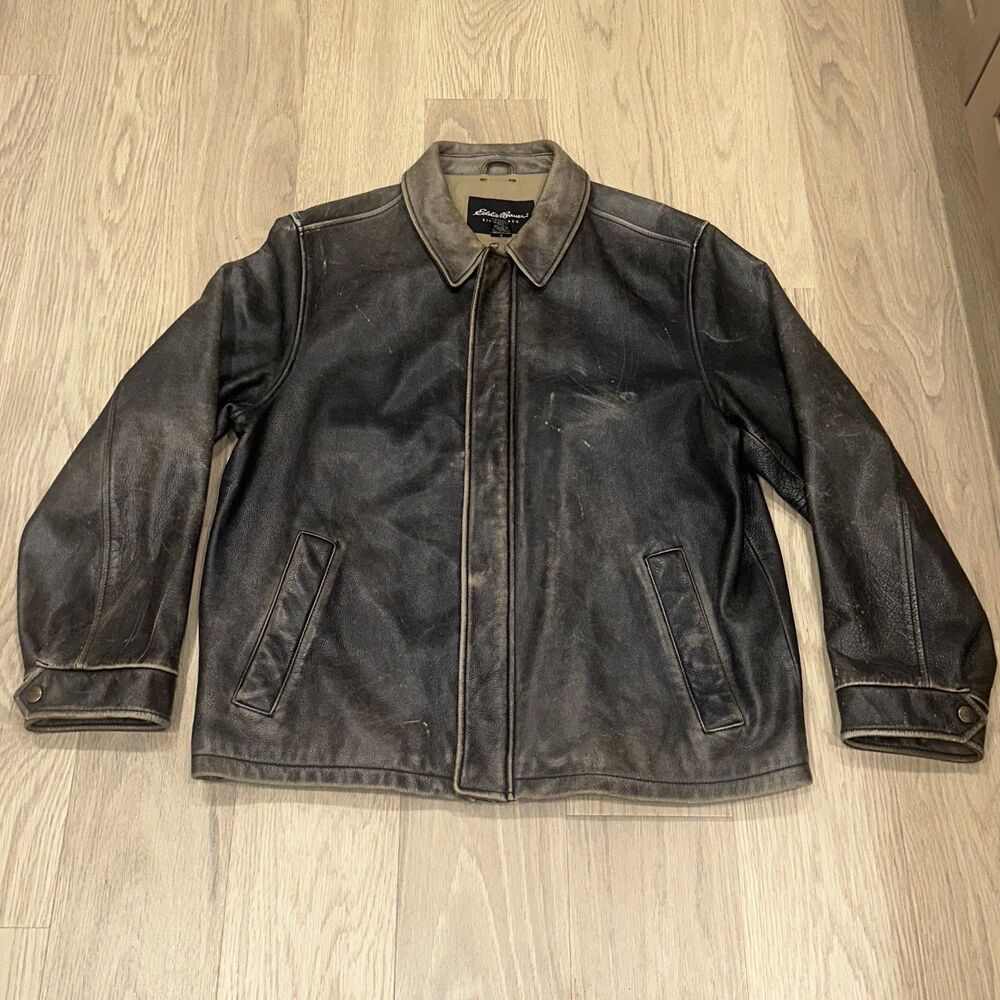 Vintage Eddie Bauer Leather Bomber Jacket Aged Distressed Worn Heavy Mens L